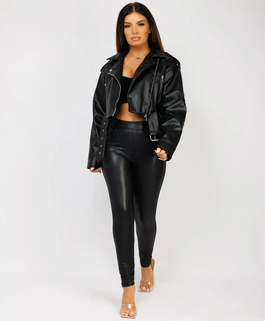 WOMEN’S CROPPED LEATHER JACKET – BLACK