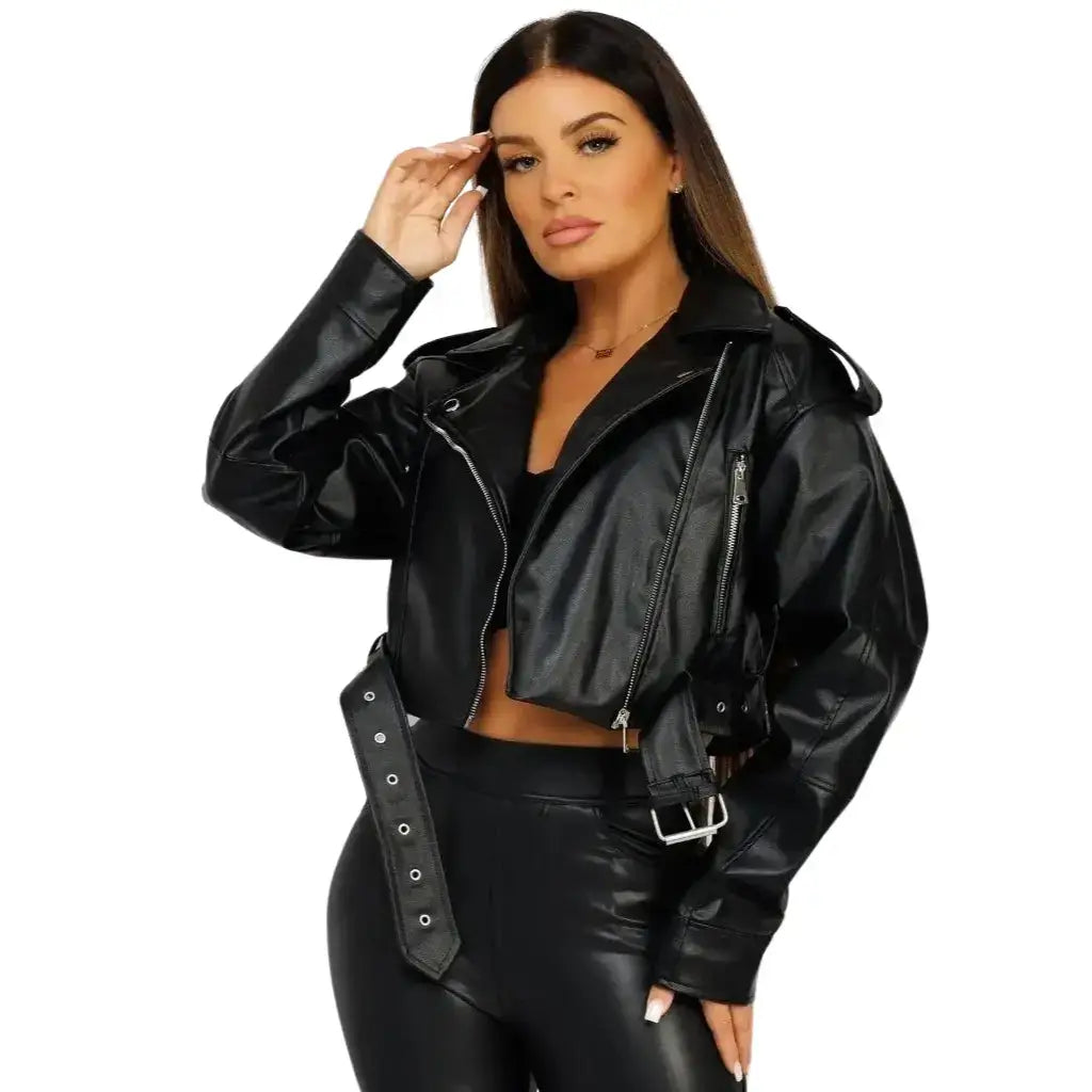WOMEN’S CROPPED LEATHER JACKET – BLACK